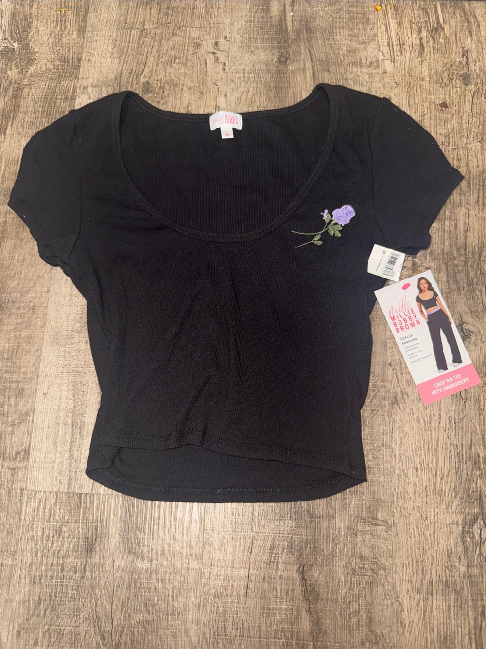 Wild Fable Black Scoop Neck Cropped Tee with Purple Rose Embroidery